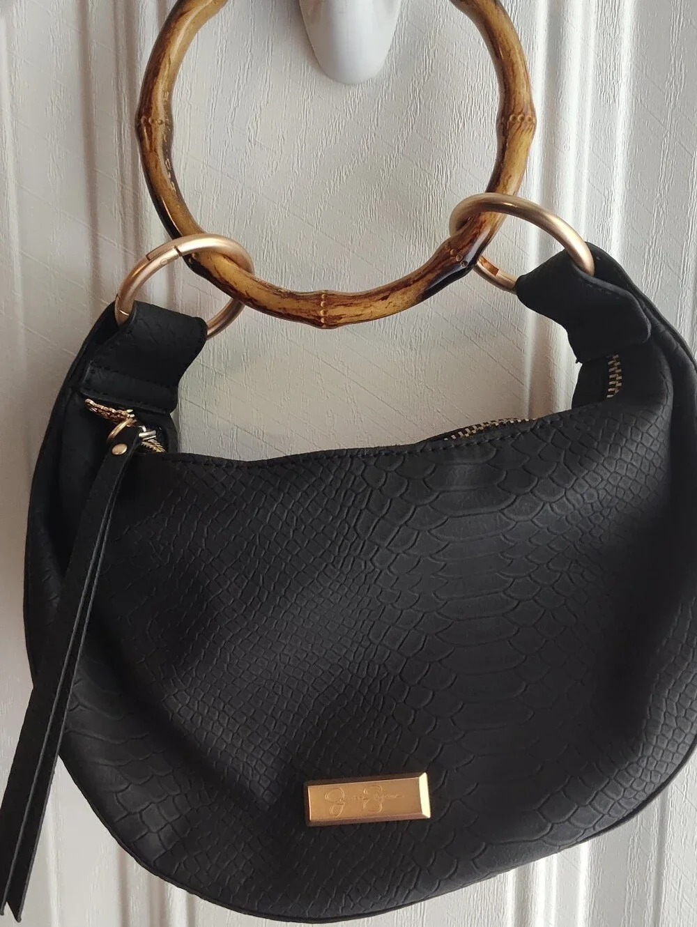 Jessica Simpson Black Textured Hobo Bag Or Shoulder Bag with Gold Accents EUC..
